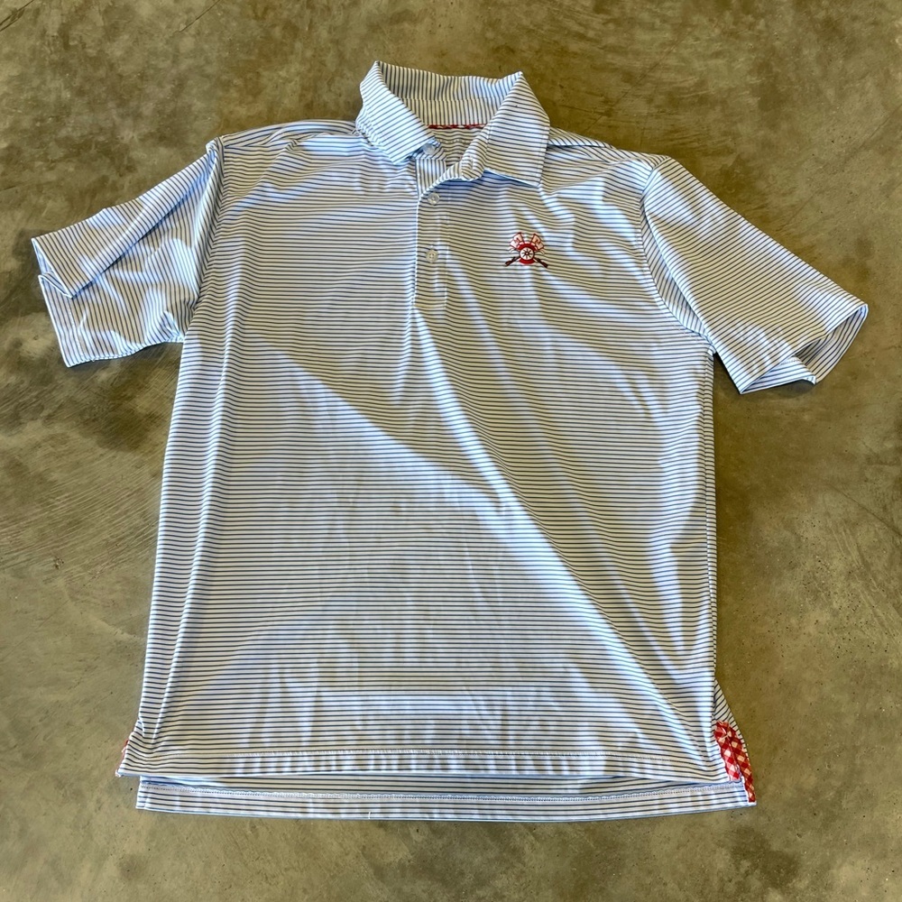 Bald Head Blues Polo Shirt Golf Performance Striped Blue Short Sleeve Mens Med